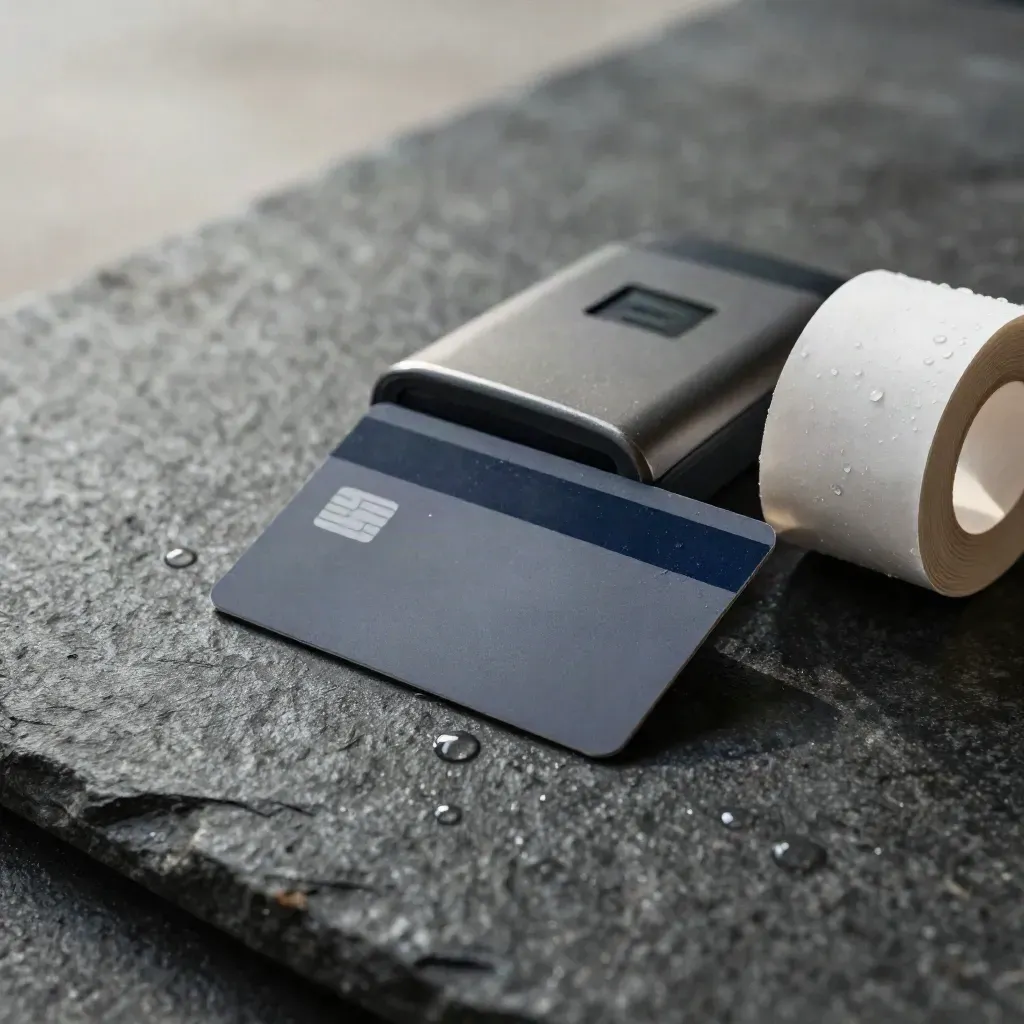 Matte payment card, contactless reader puck and receipt roll on wet slate, soft rainlight