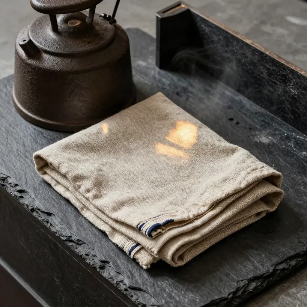 Cast-iron market weight with linen wrap and slate liner in warm light