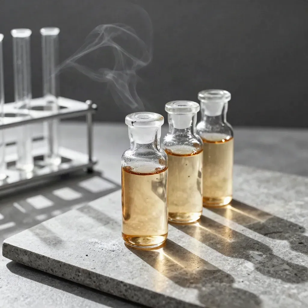 Amber lab vials beside a metal rack on cool stone with soft vapor