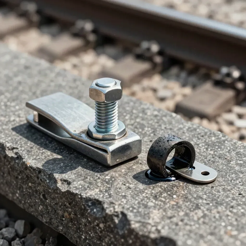 Steel rail clip, hex bolt and coupling washer on basalt in raking workshop light.