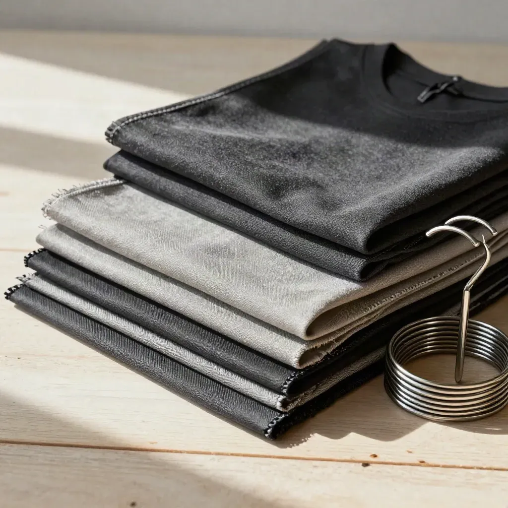 Folded garment swatches and metal hanger rings on pale wood.