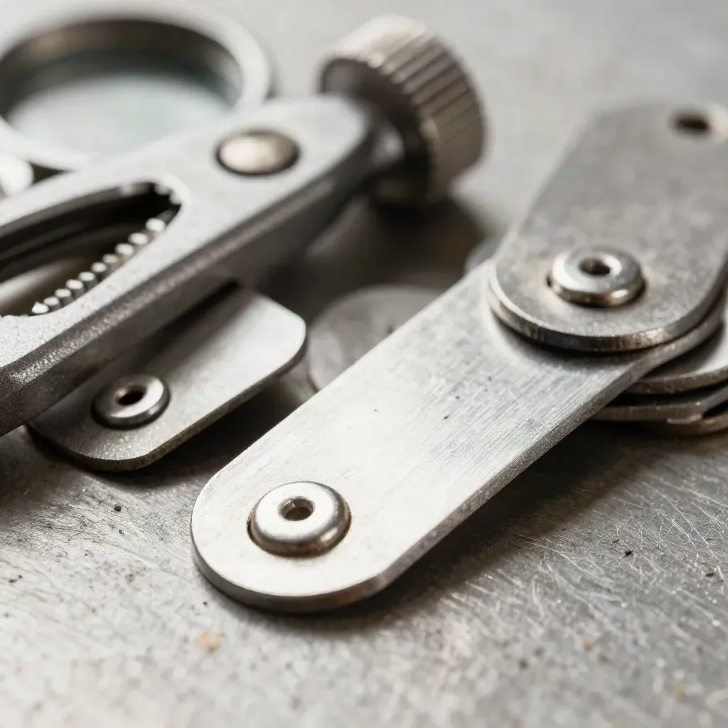 Tamper seals, cutter guard and aluminum tags on brushed metal in extreme macro