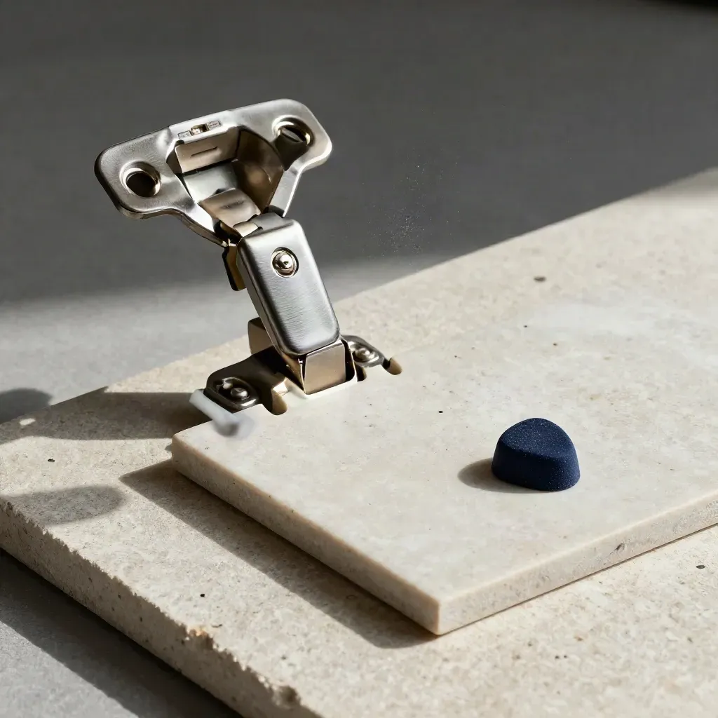 Open hinge, tile sample and matte handle on pale stone with dramatic light.
