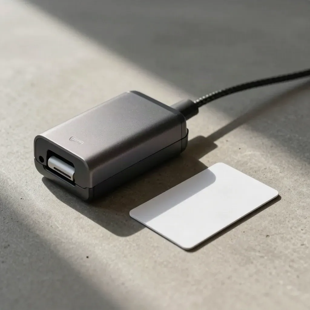 Macro of a contactless card reader docked to a charging puck beside two blank cards.