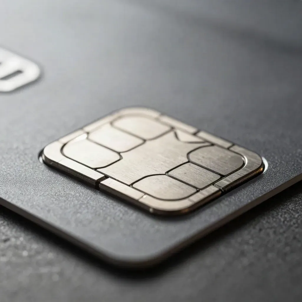 EMV chip module beside a blank card edge and contact plate on slate.