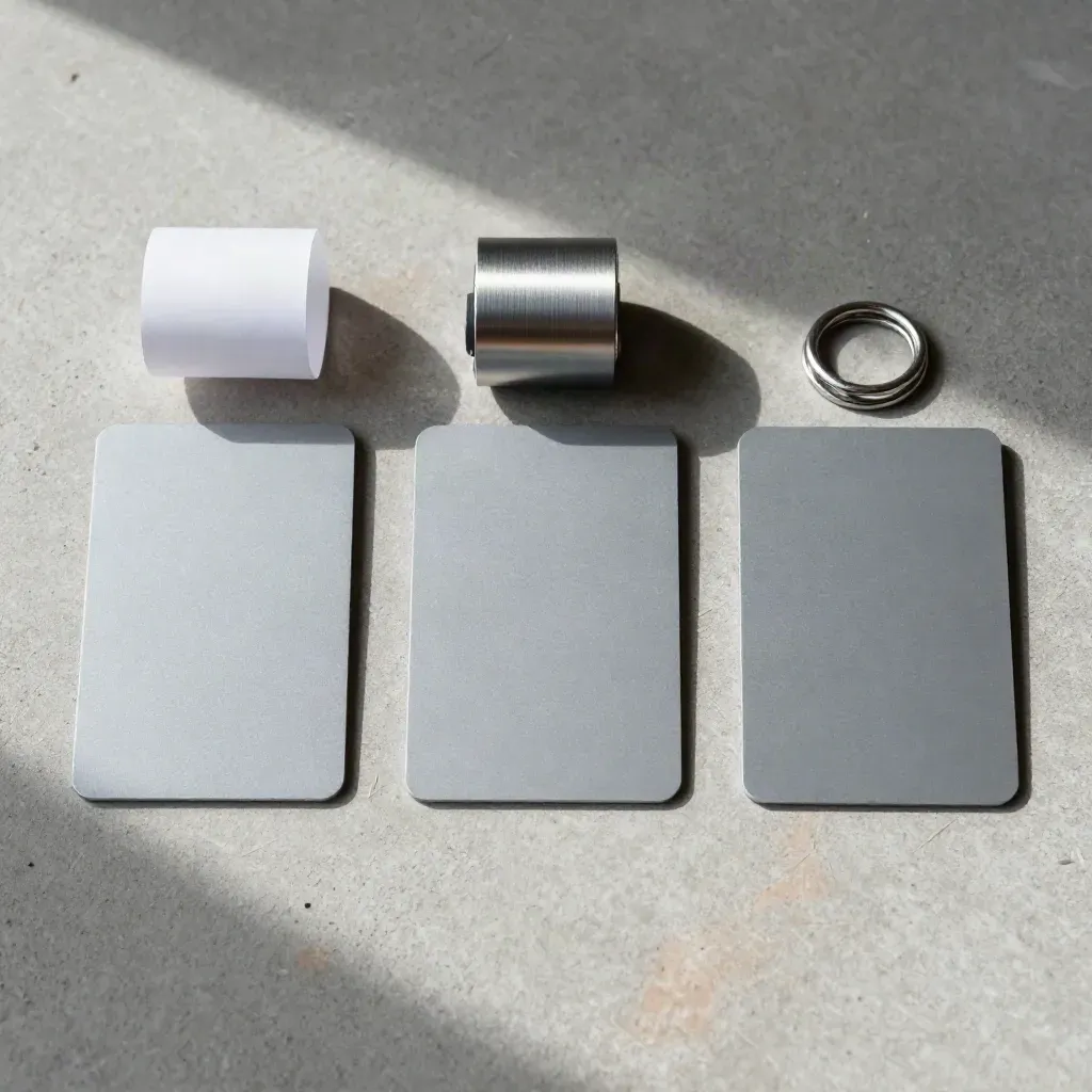 Three blank payment cards beside a receipt-roll core and metal rings on concrete.