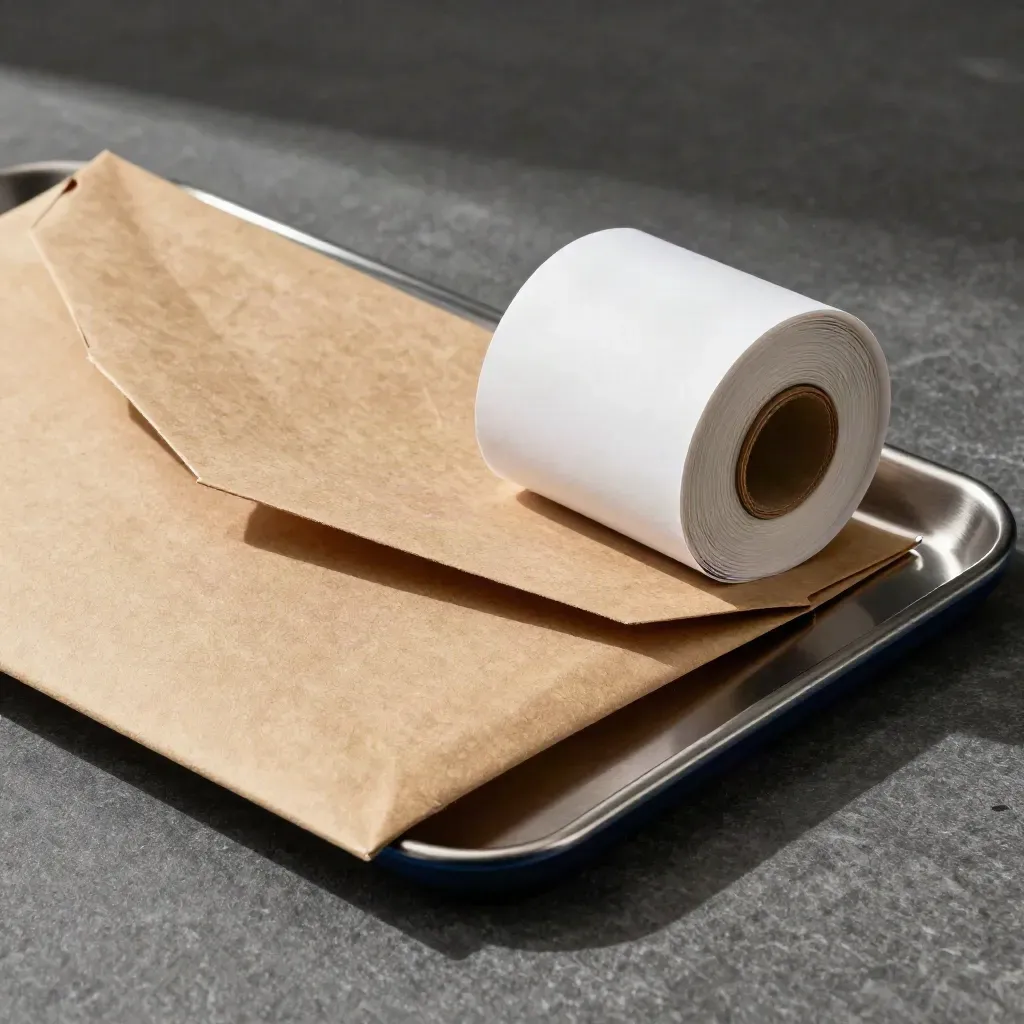 Kraft envelope, receipt roll and stainless tray on graphite stone under raking light