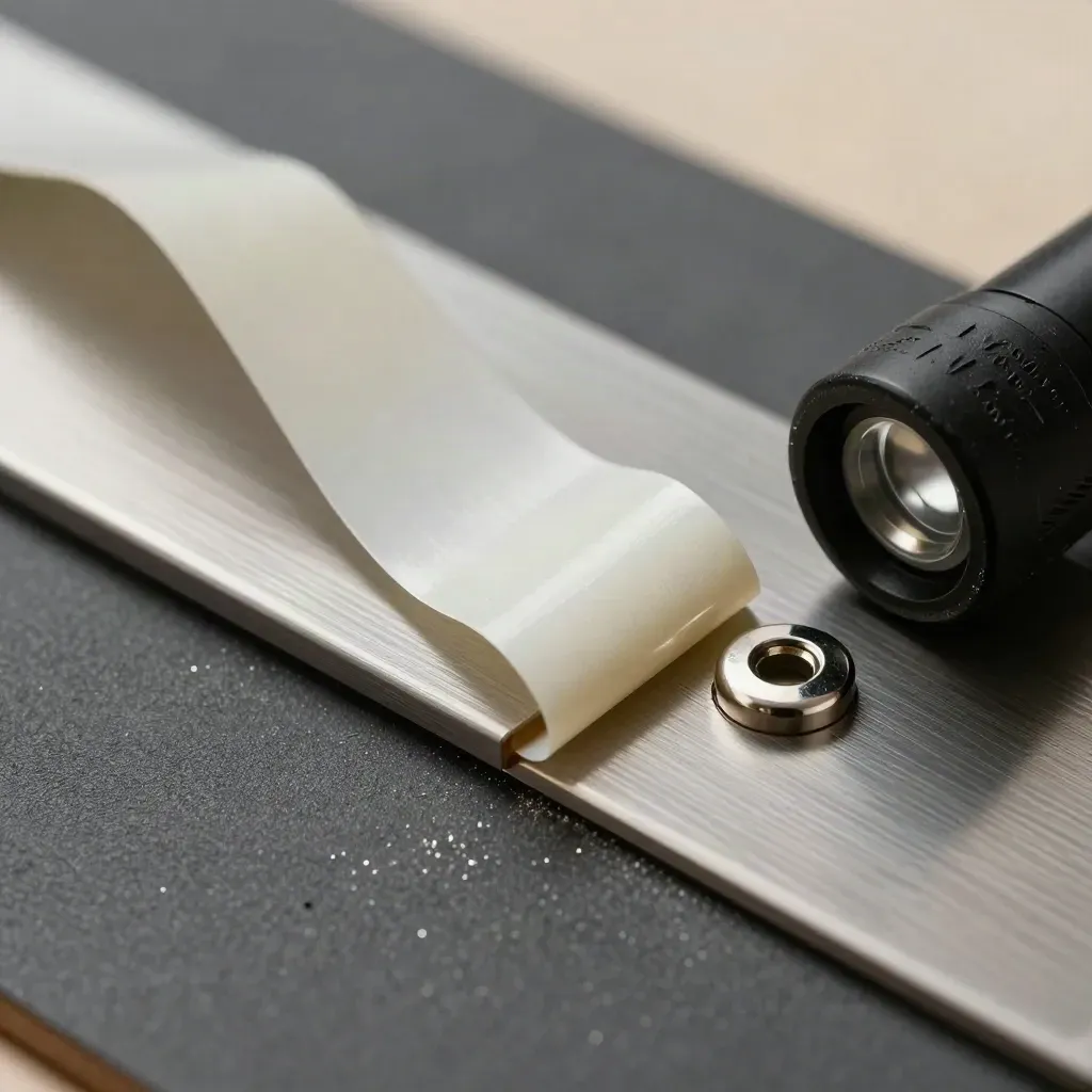 Macro of a lifted tamper seal strip beside a lock plate and switched-off torch on graphite.