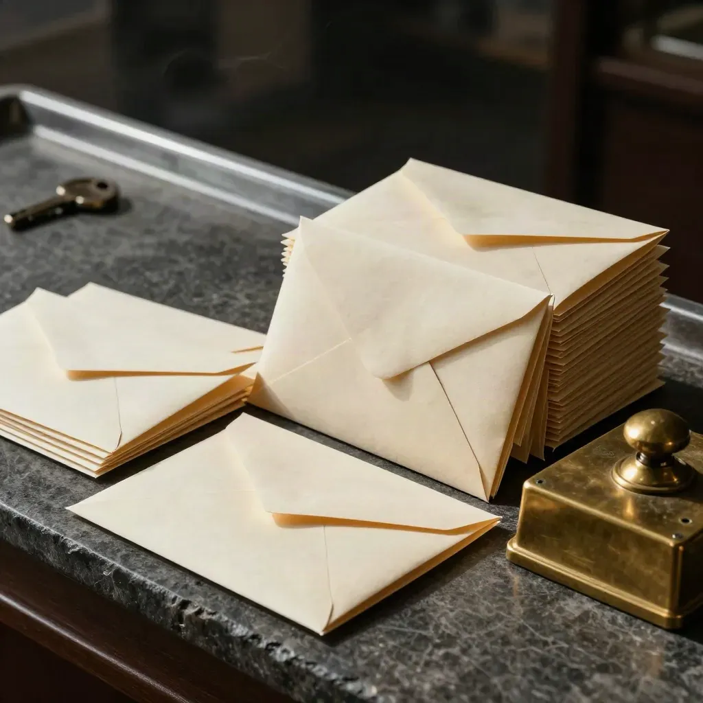 Sealed remittance envelopes with a brass paperweight and steel divider on dark stone.