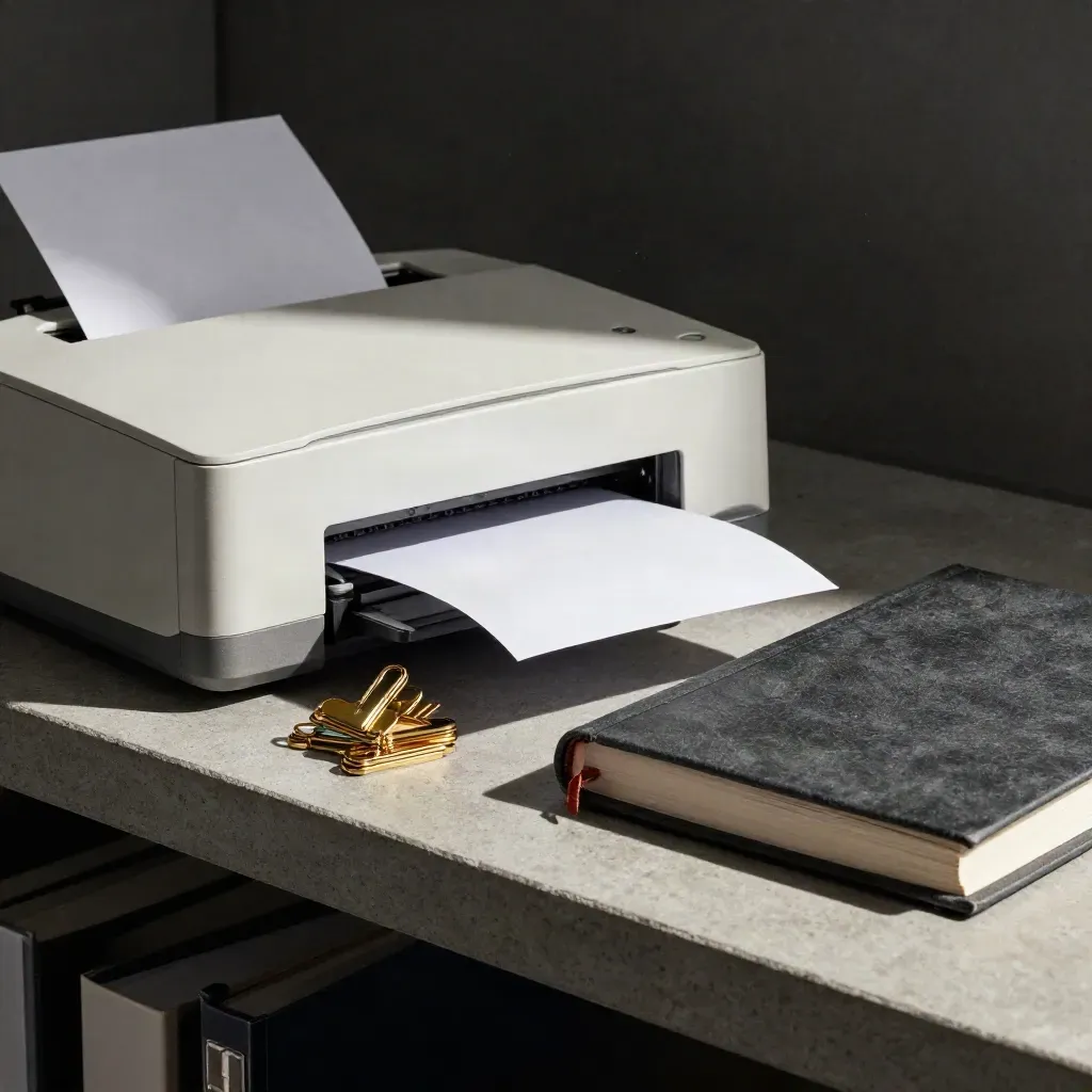 Receipt printer, brass clip stack, and closed ledger notebook on a dim concrete shelf