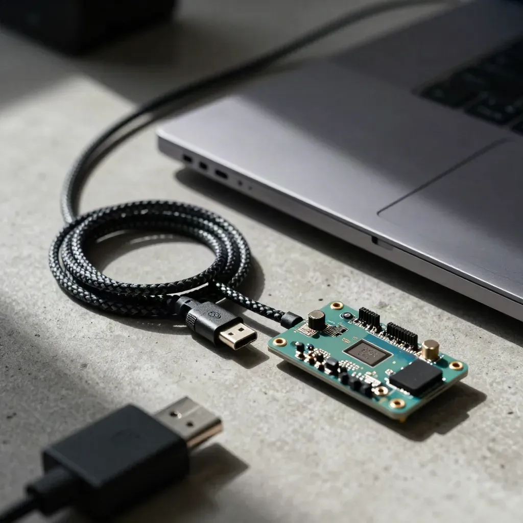 Matte-black laptop, braided cable and dev board on an electronics bench, shot through a blurred adapter.