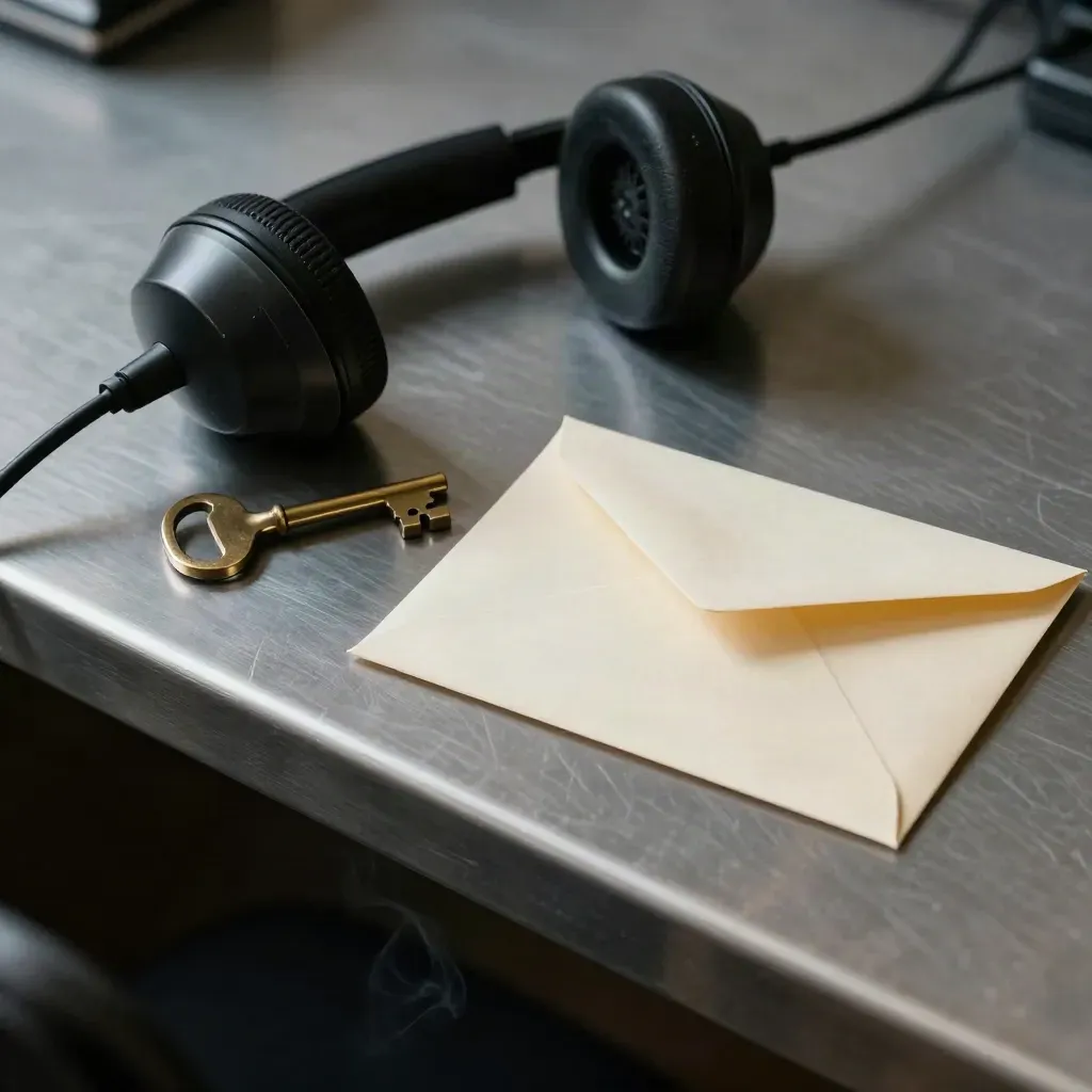 Radio handset, brass key and sealed envelope on a steel desk edge with smoke and hard light.