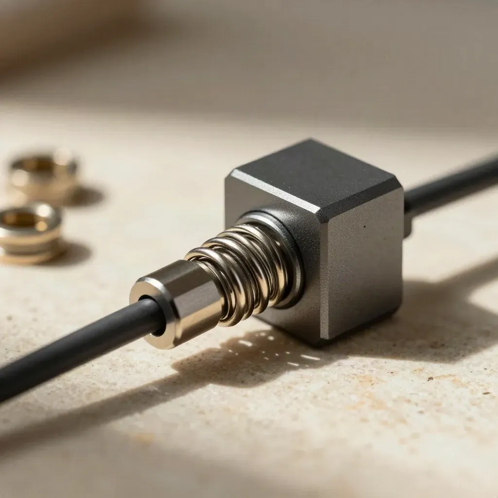 Graphite connector block clicking into a ferrule on a limestone slab, macro product still life