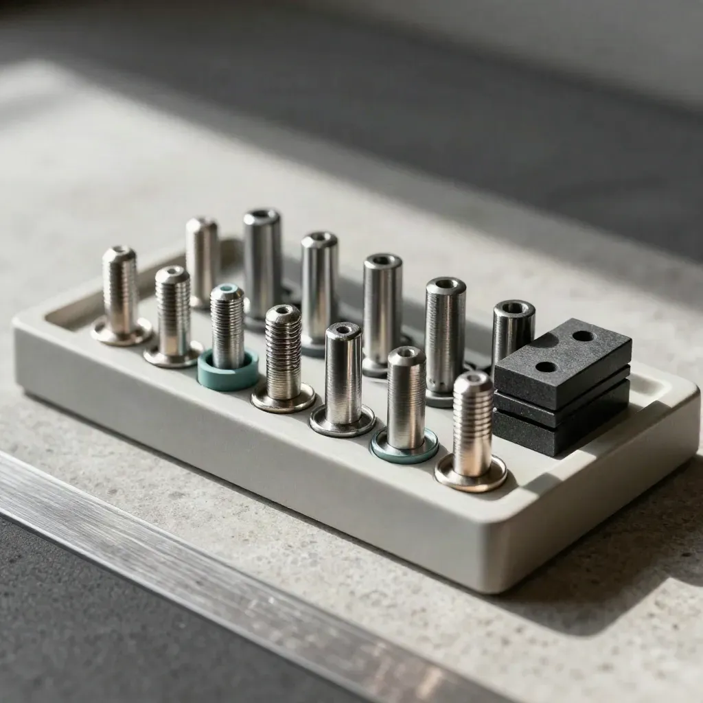 Steel clips and modular blocks on a pale wood tray with a subtle teal accent