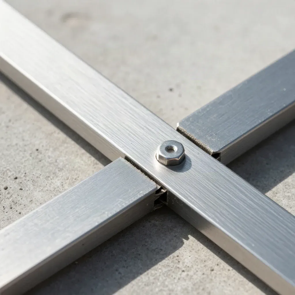 Macro of aluminum plates, dovetail joint and hex pin on pale concrete, side-lit in soft shadow.