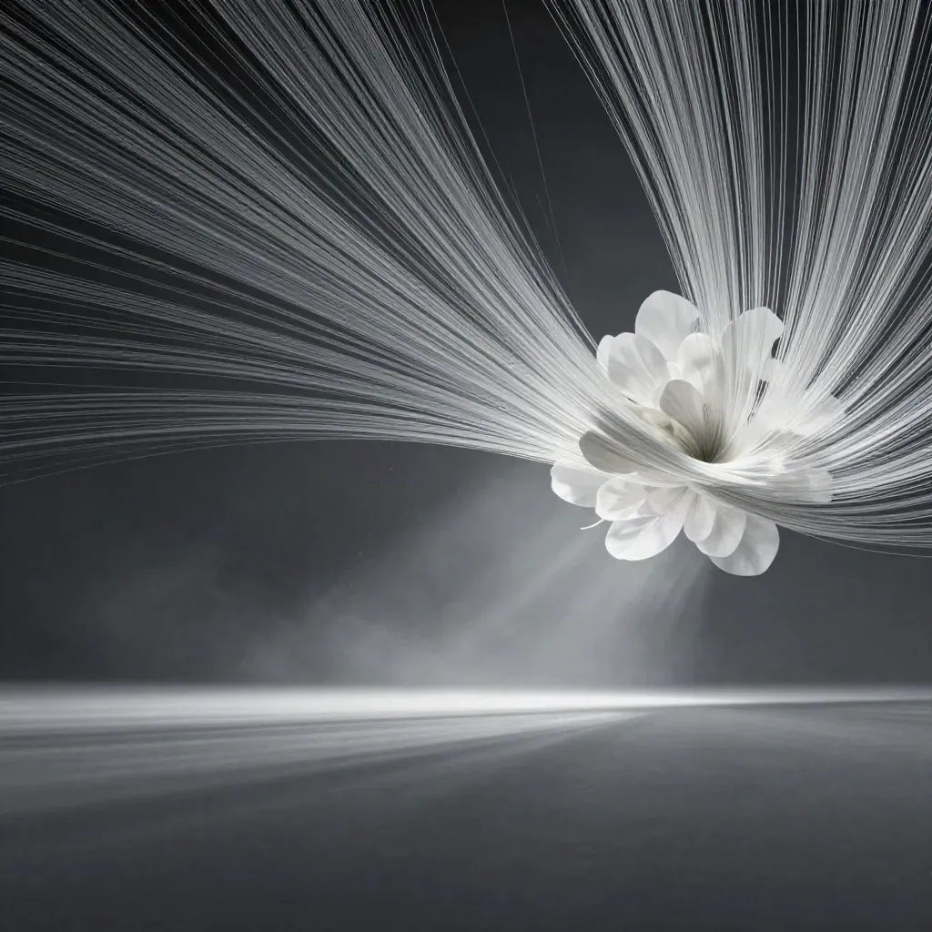 Silver filaments converge into a soft off-centre bloom in dark graphite haze.